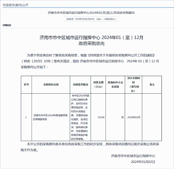 玉龙环保：济南市市中区2024年度城管领域日常维管项目